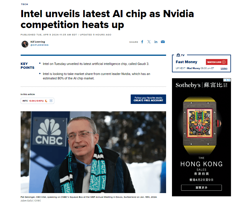 性能远超英伟达H100!英特尔发布Gaudi 3人工智能芯片