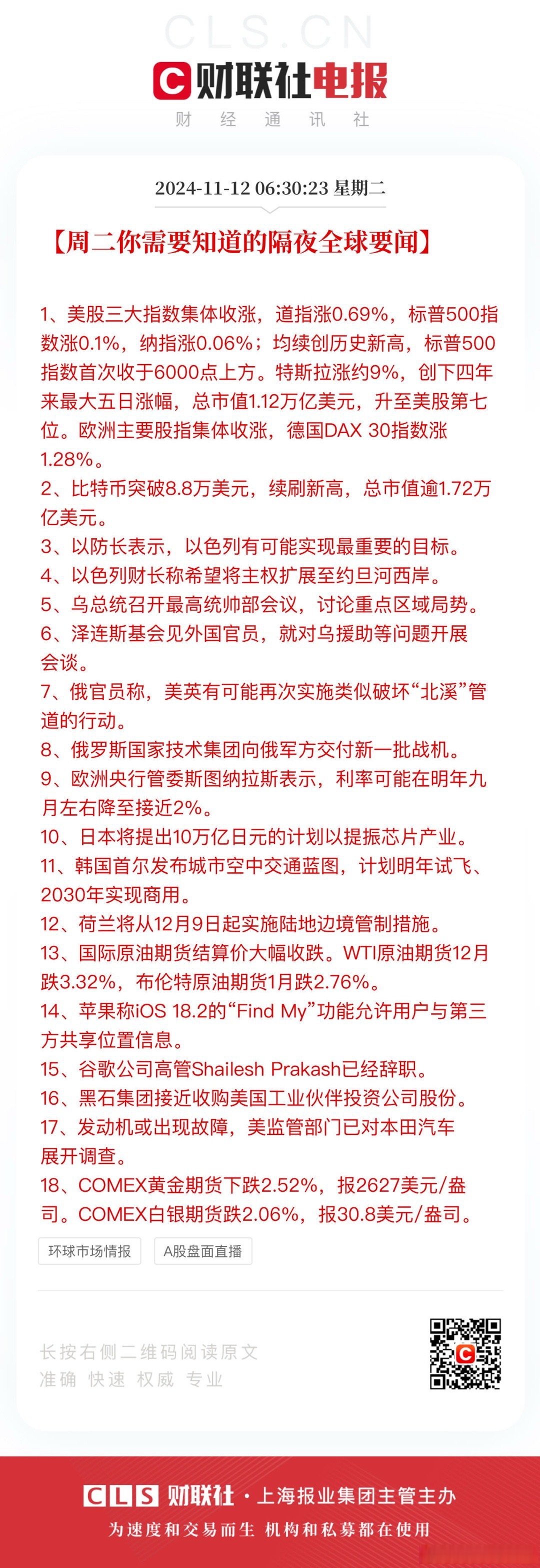 全球市场：美股三大指数集体收跌 道指日线九连跌 特斯拉股价续创新高