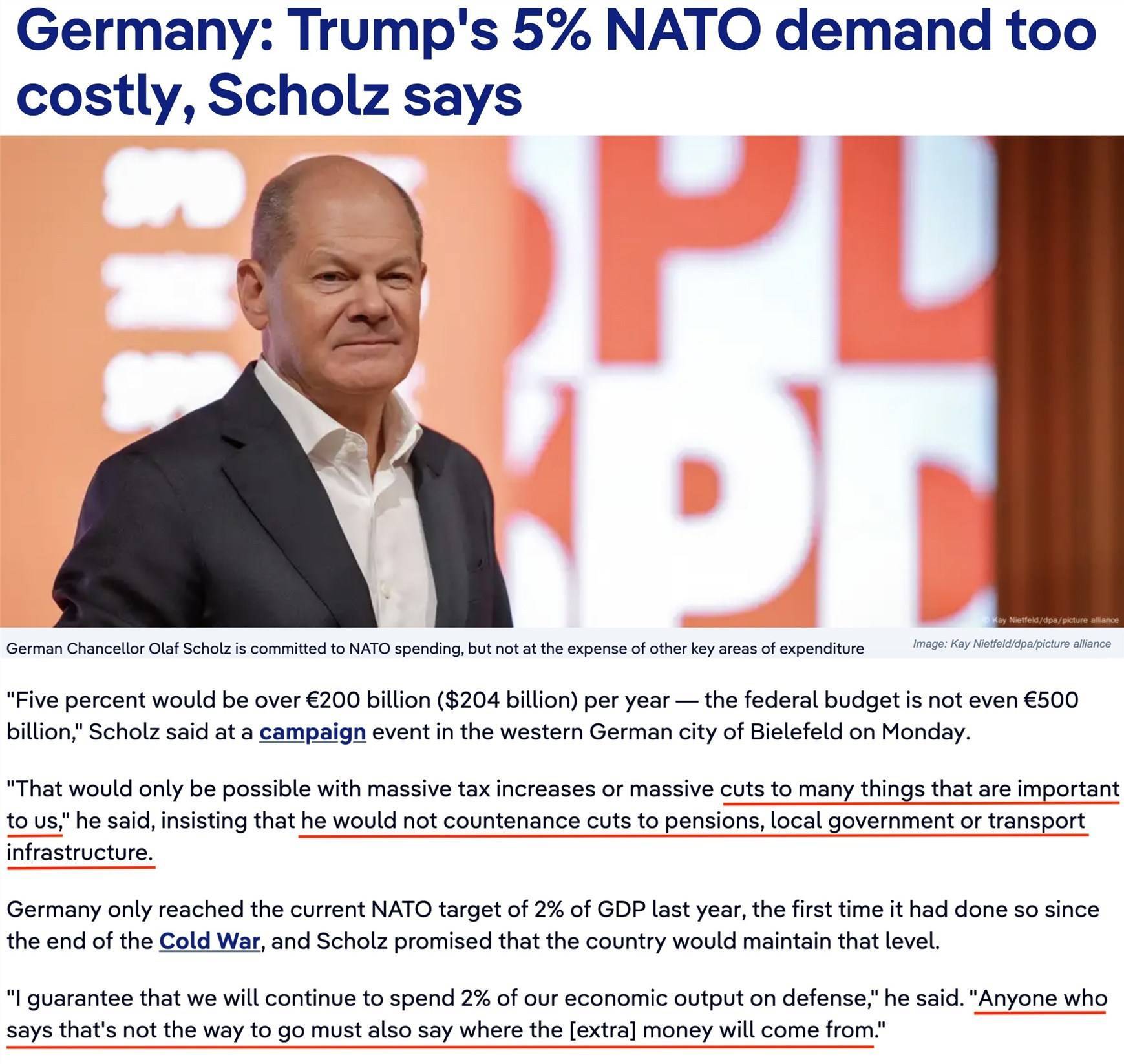 北约秘书长：多数成员国支持将军费目标提升至GDP的5%