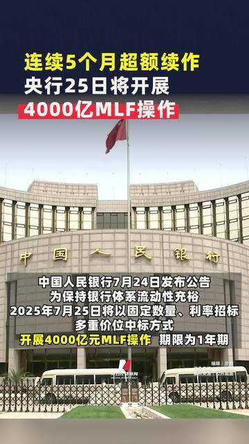 央行：今日将开展6000亿元MLF操作 期限为1年期